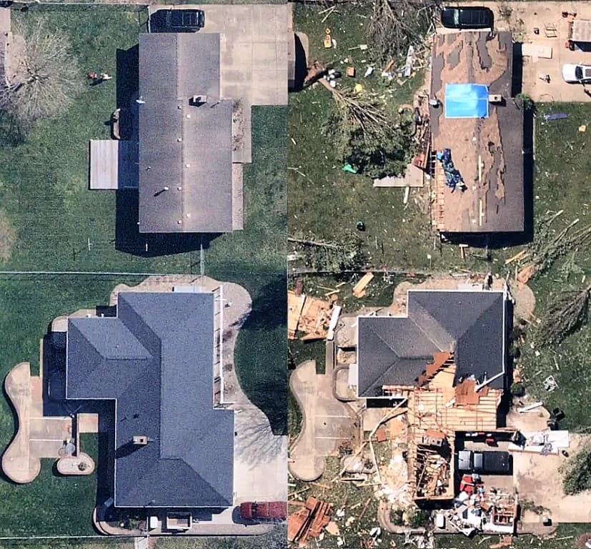 Side-by-side aerial views of two homes before and after visible roof and site damage