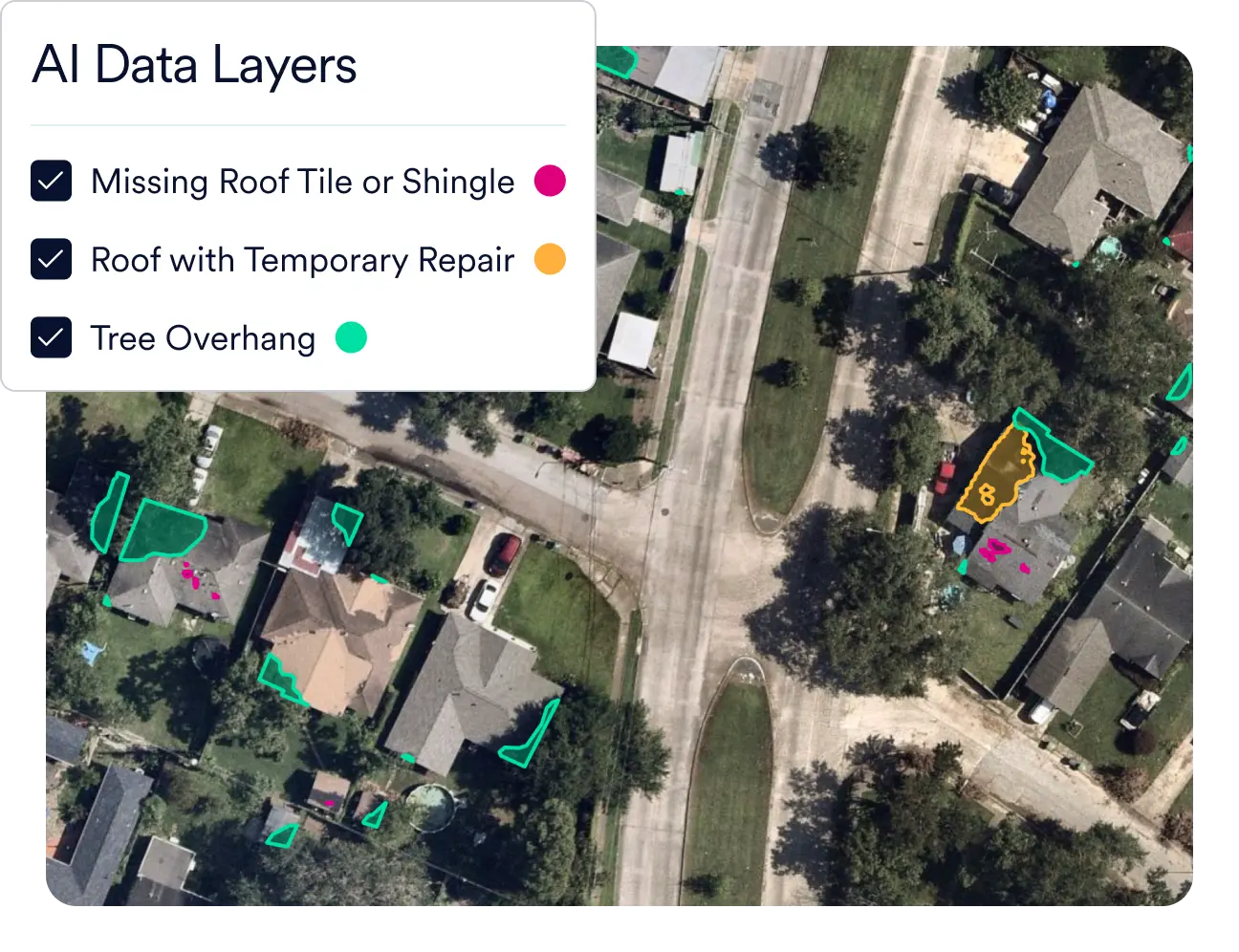Aerial property imagery with AI data layers identifying missing roof tiles or shingles, temporary roof repairs, and tree overhang