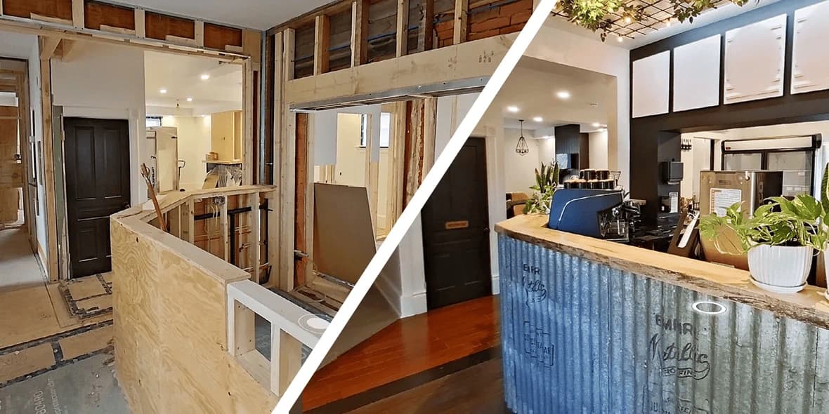 Side-by-side construction phase documentation showing exposed wall framing and the completed interior