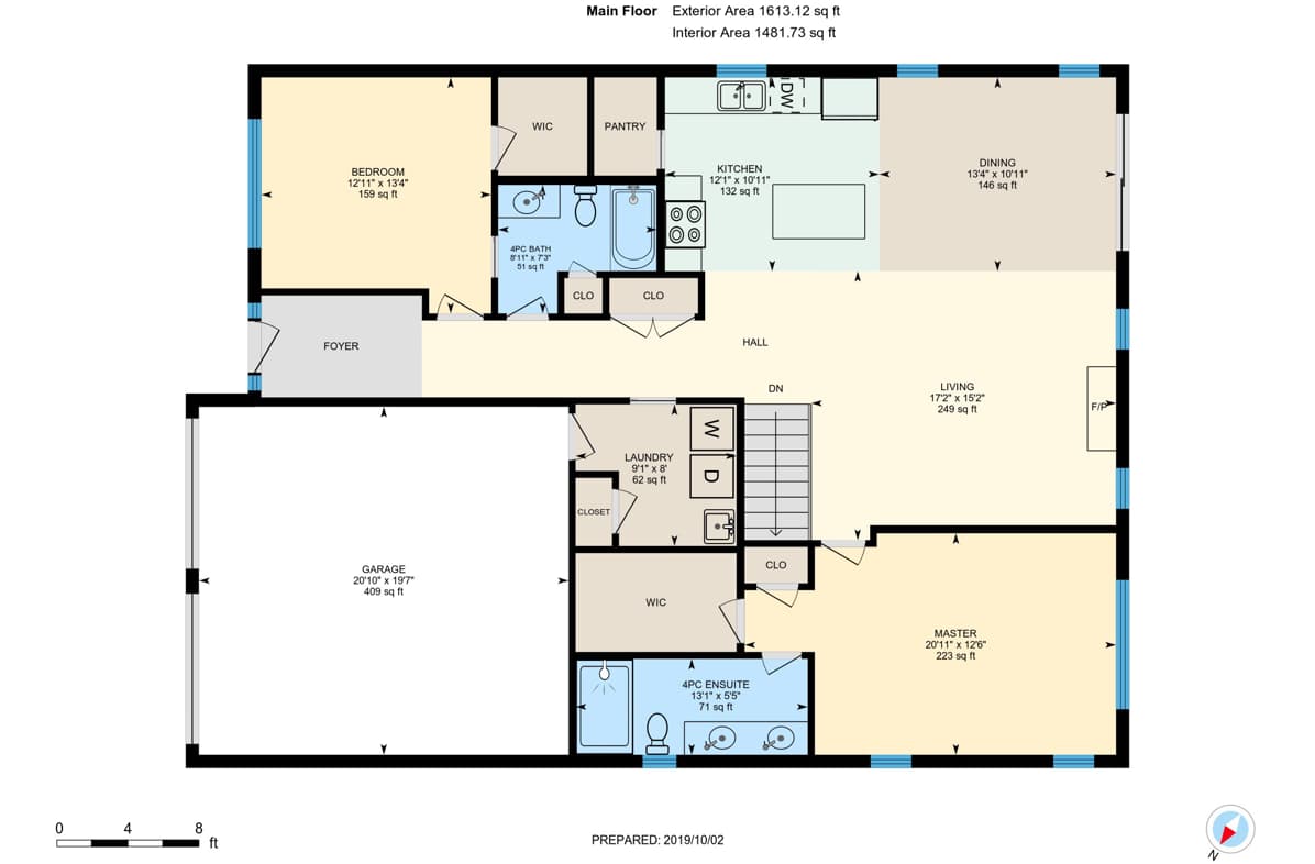 Measured residential floor plan showing room labels, dimensions, floor areas, fixtures, and a scale bar