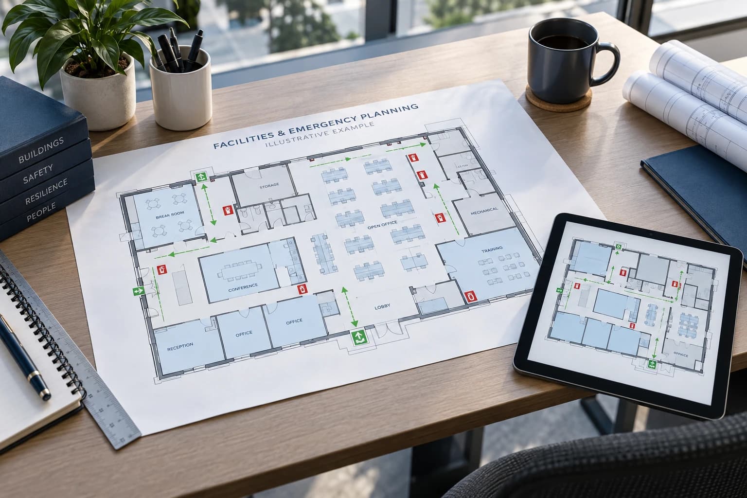 Illustrative fictional facility plan with emergency routes and equipment markers beside a tablet