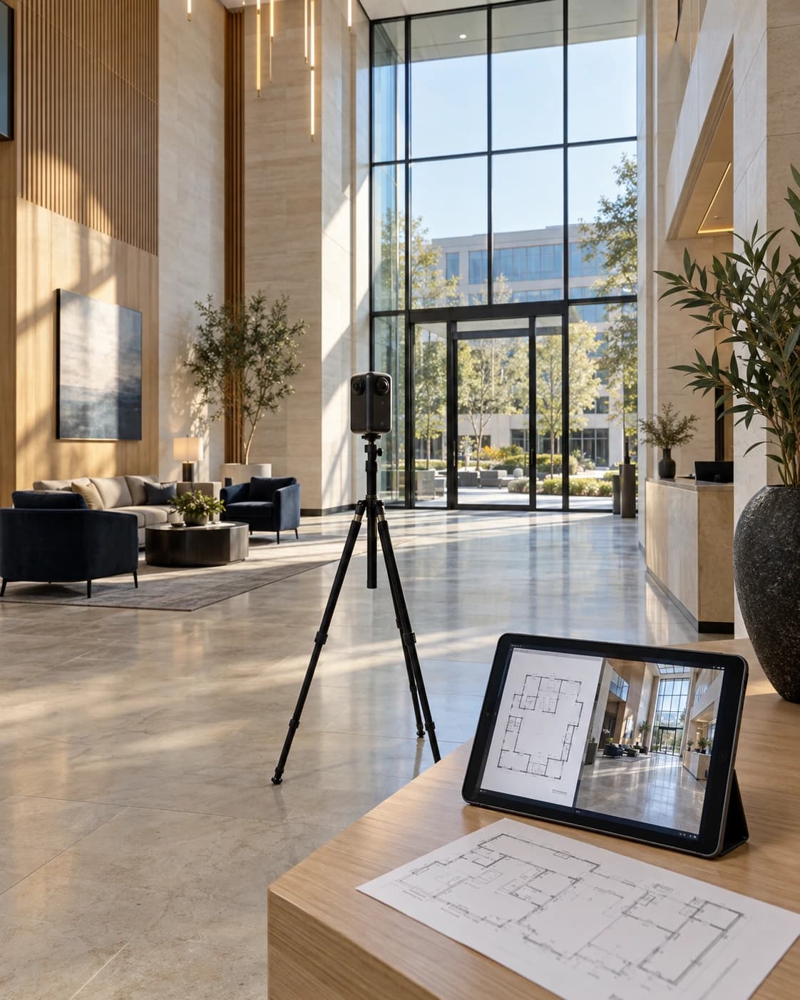 Illustrative commercial lobby with a property scanning camera and a tablet displaying a floor plan and virtual walkthrough