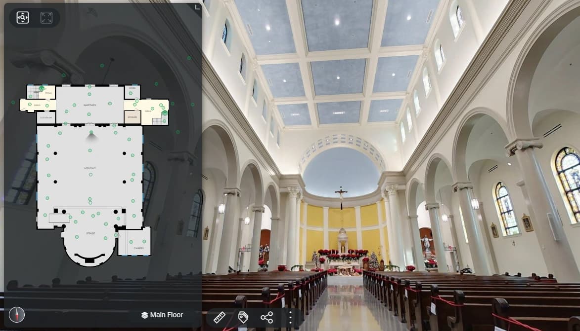 Church sanctuary virtual walkthrough with its linked floor plan and navigation points
