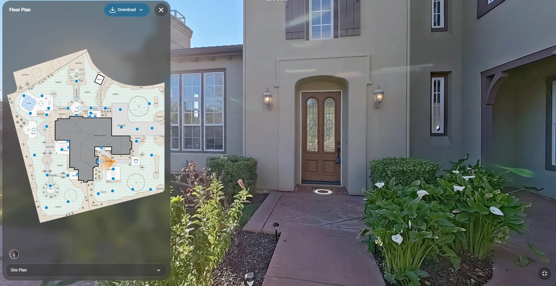 Home exterior in a virtual tour with an accompanying residential site plan