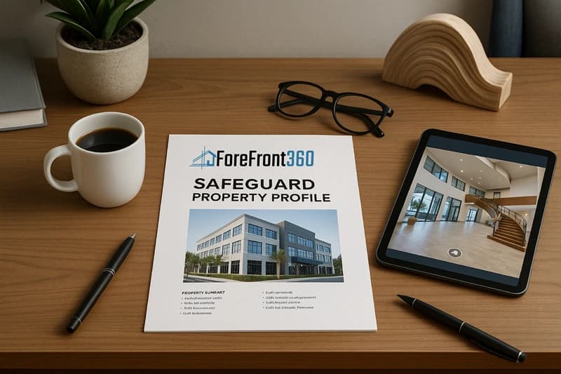 ForeFront360 Safeguard Property Profile report on a desk beside a tablet displaying a virtual walkthrough