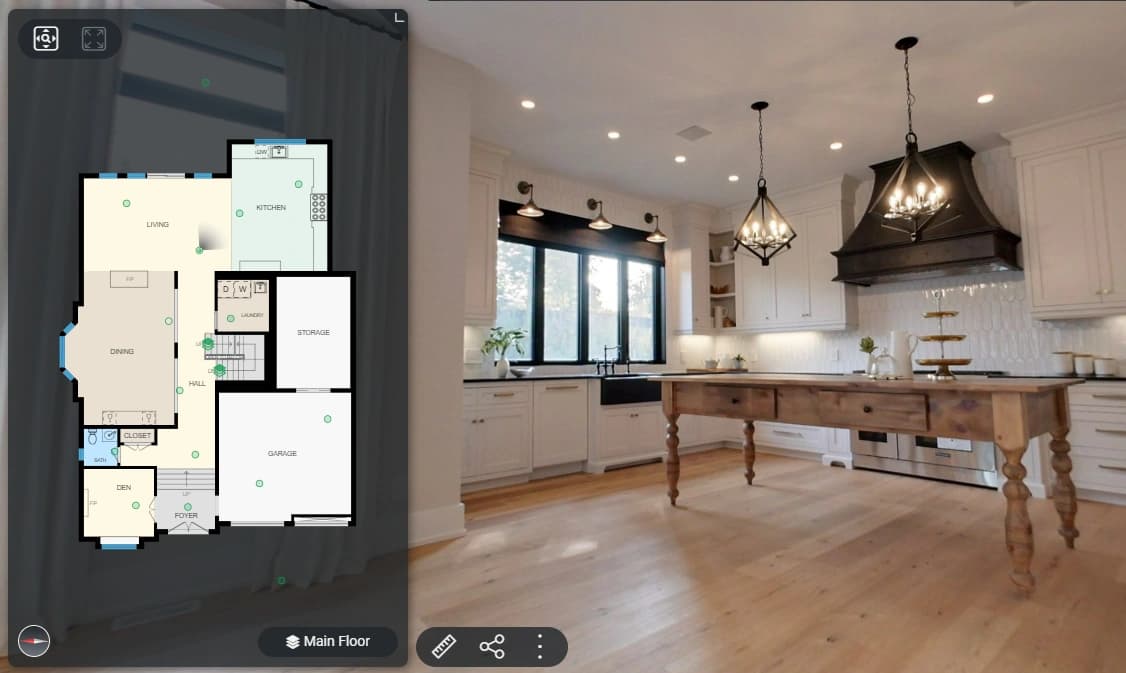 Residential virtual walkthrough showing a kitchen and its linked main-floor plan