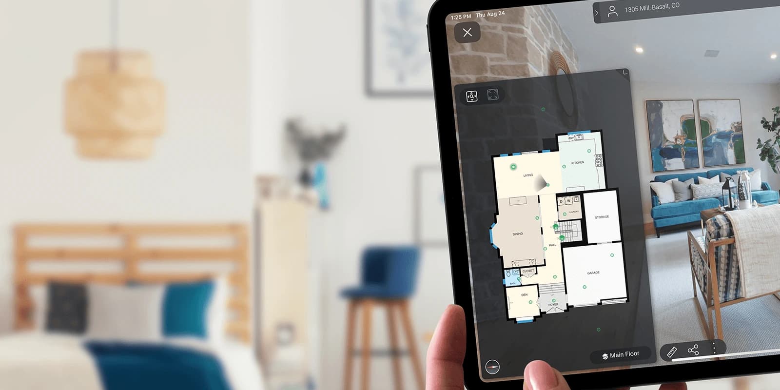 Tablet displaying a virtual walkthrough with an interactive floor plan alongside the interior view